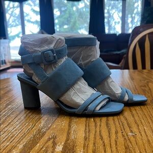 Blue Suede Block Heel Sandals
